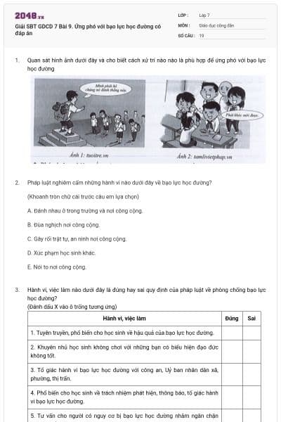 Giải SBT GDCD 7 Bài 9. Ứng phó với bạo lực học đường có đáp án