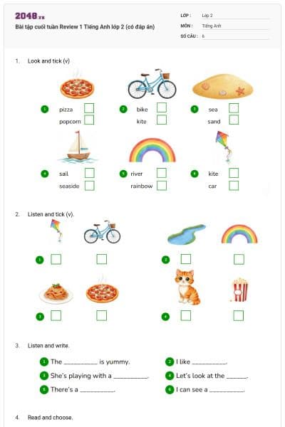 Bài tập cuối tuần Review 1 Tiếng Anh lớp 2 (có đáp án)