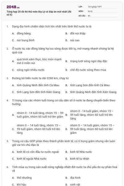 Tổng hợp 20 đề thi thử môn Địa Lý có đáp án mới nhất (đề số 6)