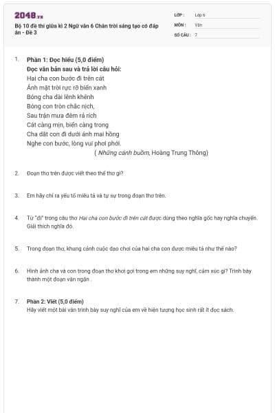 Bộ 10 đề thi giữa kì 2 Ngữ văn 6 Chân trời sáng tạo có đáp án - Đề 3