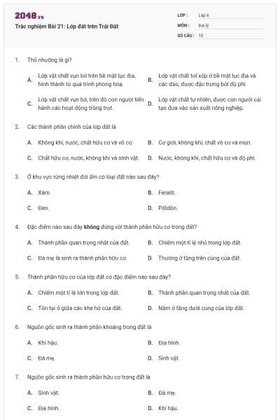 Trắc nghiệm Bài 21: Lớp đất trên Trái Đất