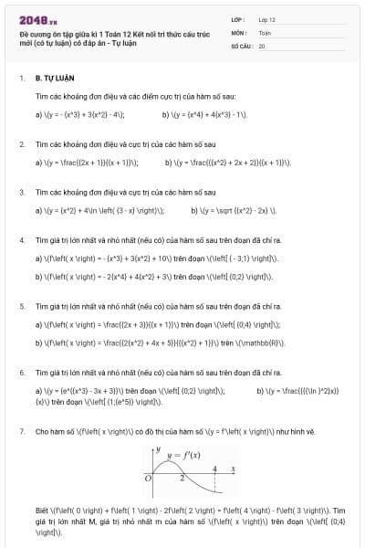 Đề cương ôn tập giữa kì 1 Toán 12 Kết nối tri thức cấu trúc mới (có tự luận) có đáp án - Tự luận