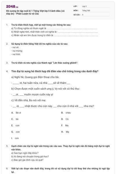 Đề cương ôn tập cuối kì 1 Tiếng Việt lớp 5 Cánh diều (có đáp án) - Phần Luyện từ và Câu