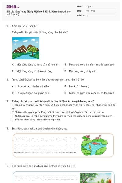 Bài tập hàng ngày Tiếng Việt lớp 5 Bài 4. Bến sông tuổi thơ (có đáp án)