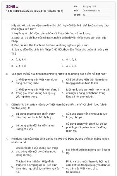 10 đề thi thi thpt quốc gia tổ hợp KHXH môn Sử (Đề 3)