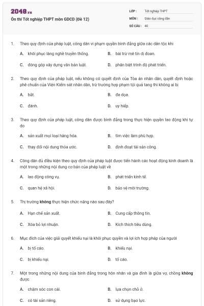 Ôn thi Tốt nghiệp THPT môn GDCD (Đề 12)
