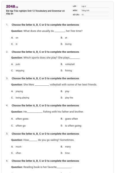 Bài tập Trắc nghiệm Unit 12 Vocabulary and Grammar có đáp án
