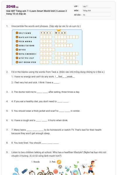 Giải SBT Tiếng anh 7 I-Learn Smart World Unit 2 Lesson 2 trang 10 có đáp án