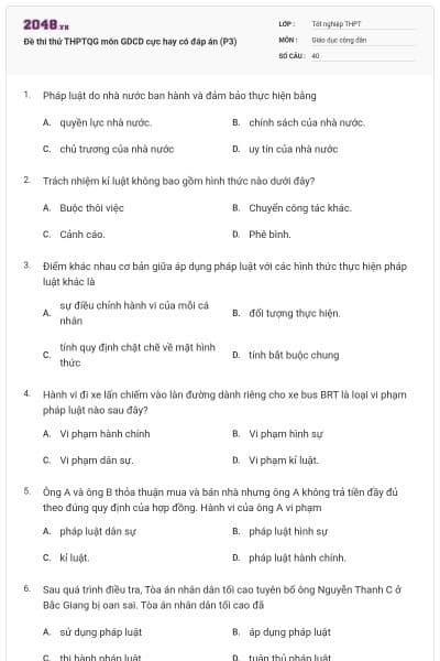 Đề thi thử THPTQG môn GDCD cực hay có đáp án (P3)