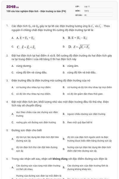 100 câu trắc nghiệm Điện tích - Điện trường cơ bản (P4)
