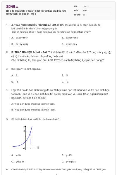 Bộ 5 đề thi cuối kì 2 Toán 11 Kết nối tri thức cấu trúc mới (có tự luận) có đáp án - Đề 5