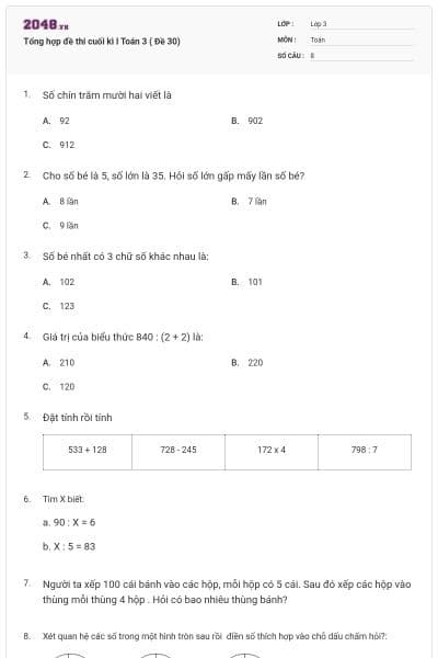 Tổng hợp đề thi cuối kì I Toán 3 ( Đề 30)