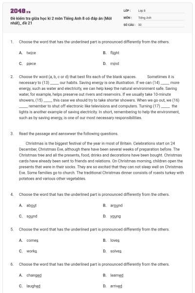 Đề kiểm tra giữa học kì 2 môn Tiếng Anh 8 có đáp án (Mới nhất)_ đề 21