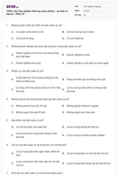 1000+ câu Trắc nghiệm Giáo dục quốc phòng – an ninh có đáp án - Phần 22