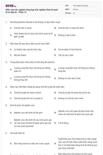 500+ câu trắc nghiệm tổng hợp trắc nghiệm Kinh tế quốc tế có đáp án - Phần 14