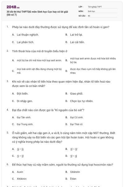 30 đề thi thử THPTQG môn Sinh học Cực hay có lời giải (Đề số 7)