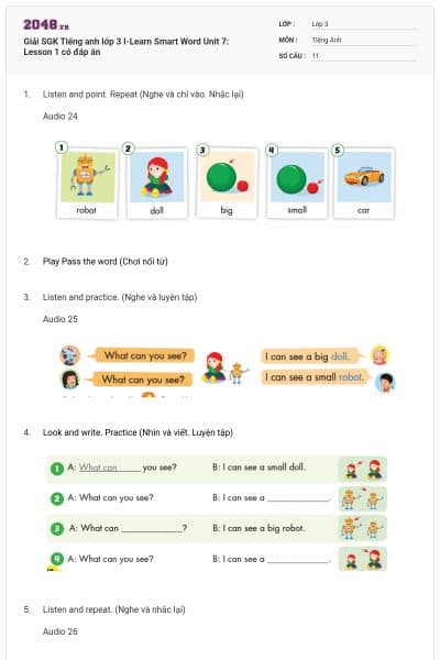 Giải SGK Tiếng anh lớp 3 I-Learn Smart Word Unit 7: Lesson 1 có đáp án