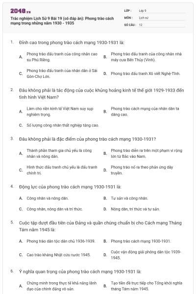 Trắc nghiệm Lịch Sử 9 Bài 19 (có đáp án): Phong trào cách mạng trong những năm 1930 - 1935