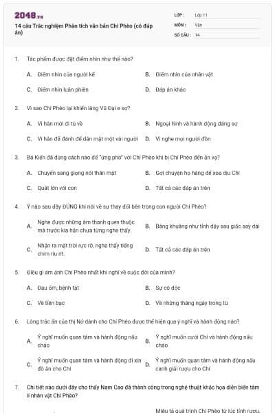14 câu Trắc nghiệm Phân tích văn bản Chí Phèo (có đáp án)