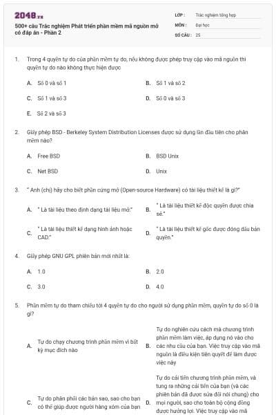 500+ câu Trắc nghiệm Phát triển phần mềm mã nguồn mở có đáp án - Phần 2