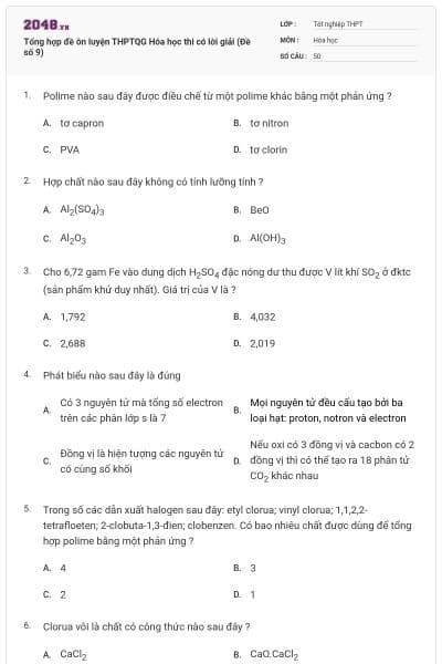 Tổng hợp đề ôn luyện THPTQG Hóa học thi có lời giải (Đề số 9)
