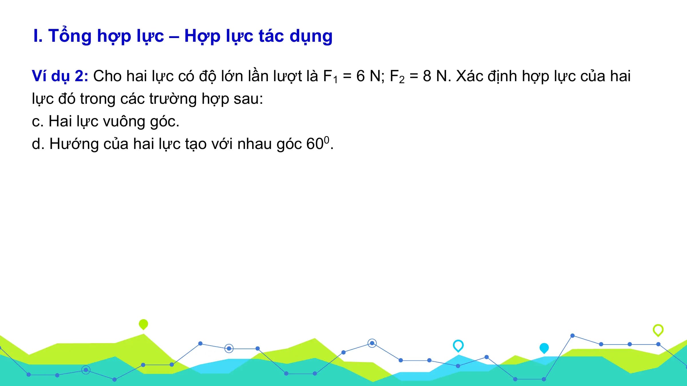 I. Tổng hợp lực – Hợp lực tác dụng

Ví dụ 2: Cho hai lực có độ lớn lần lượt là F1 = 6 N; F2 = 8 N. Xác định hợp lực của hai
lực đó trong các trường hợp sau:
c. Hai lực vuông góc.
d. Hướng của hai lực tạo với nhau góc 600.
