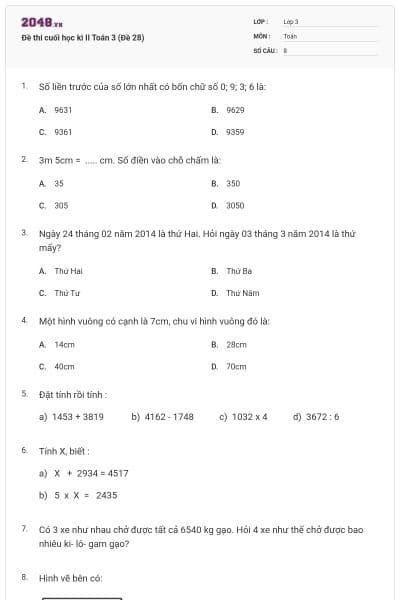 Đề thi cuối học kì II Toán 3 (Đề 28)