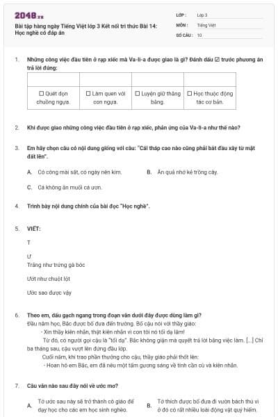 Bài tập hàng ngày Tiếng Việt lớp 3 Kết nối tri thức Bài 14: Học nghề có đáp án