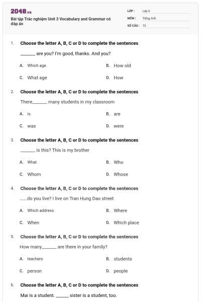 Bài tập Trắc nghiệm Unit 3 Vocabulary and Grammar có đáp án