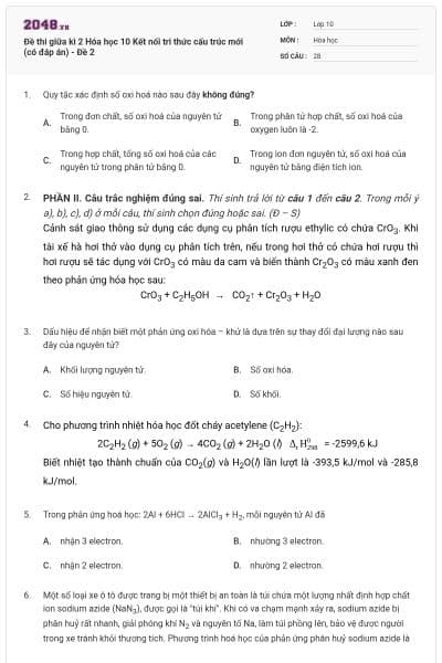 Đề thi giữa kì 2 Hóa học 10 Kết nối tri thức cấu trúc mới (có đáp án) - Đề 2