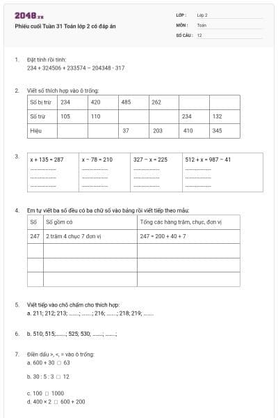 Phiếu cuối Tuần 31 Toán lớp 2 có đáp án
