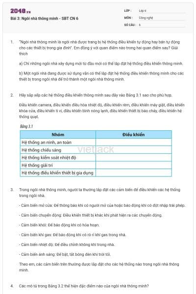 Bài 3: Ngôi nhà thông minh - SBT CN 6