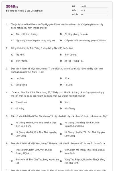 Bộ 4   Đề thi Học kì 2 Địa Lí 12 (Đề 2)