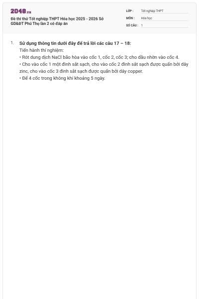 Đề thi thử Tốt nghiệp THPT Hóa học 2025 - 2026 Sở GD&ĐT Phú Thọ lần 2 có đáp án