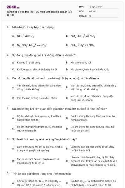 Tổng hợp đề thi thử THPTQG môn Sinh Học có đáp án (Đề số 18)