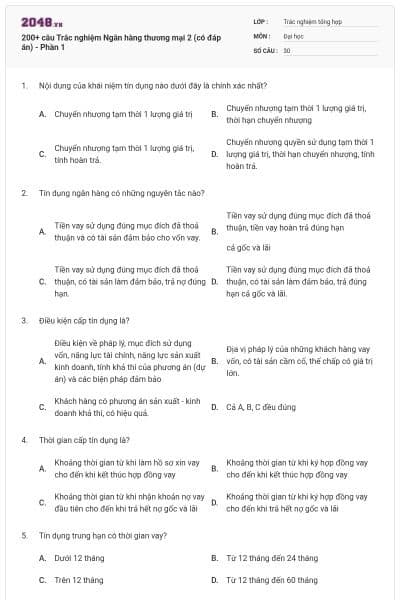 200+ câu Trắc nghiệm Ngân hàng thương mại 2 (có đáp án) - Phần 1