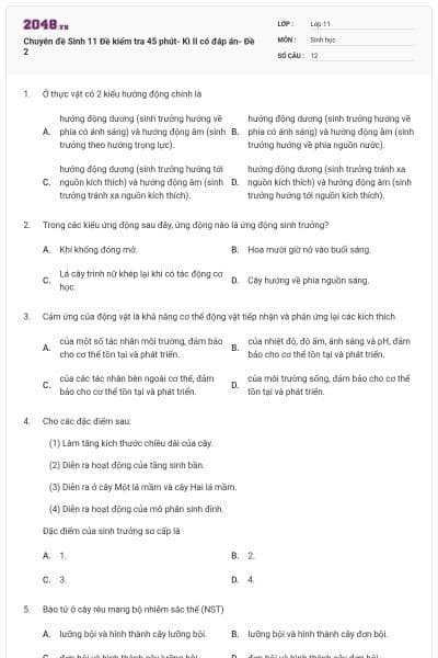 Chuyên đề Sinh 11 Đề kiểm tra 45 phút- Kì II có đáp án- Đề 2