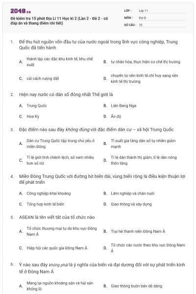 Đề kiểm tra 15 phút Địa Lí 11 Học kì 2 (Lần 2 - Đề 2 - có đáp án và thang điểm chi tiết)
