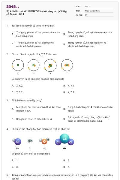Bộ 4 đề thi cuối kì 1 KHTN 7 Chân trời sáng tạo (nối tiếp) có đáp án - Đề 4