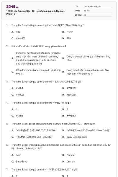 1000+ câu Trắc nghiệm Tin học đại cương (có đáp án) - Phần 18