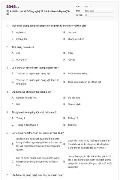 Bộ 4 đề thi cuối kì 2 Công nghệ 12 Cánh diều có đáp án(Đề 3)