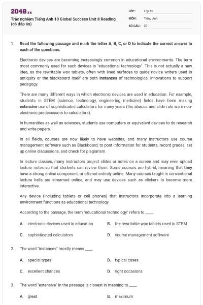Trắc nghiệm Tiếng Anh 10 Global Success Unit 8 Reading (có đáp án)