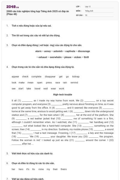 2000 câu trắc nghiệm tổng hợp Tiếng Anh 2025 có đáp án (Phần 48)