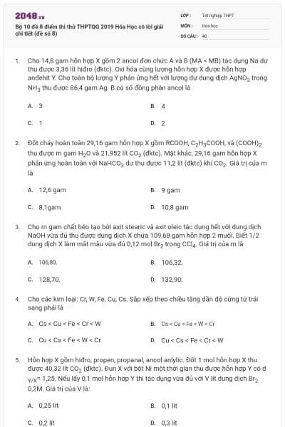 Bộ 10 đề 8 điểm thi thử THPTQG 2019 Hóa Học có lời giải chi tiết (đề số 8)