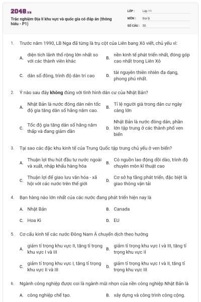 Trắc nghiệm Địa lí khu vực và quốc gia có đáp án (thông hiểu - P1)