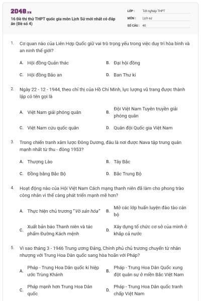 16 Đề thi thử THPT quốc gia môn Lịch Sử mới nhất có đáp án (Đề số 4)
