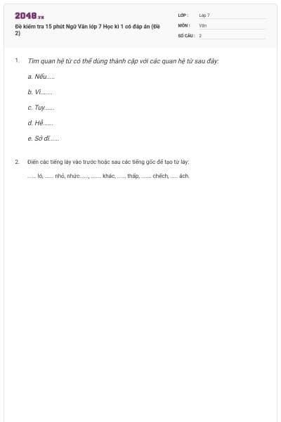 Đề kiểm tra 15 phút Ngữ Văn lớp 7 Học kì 1 có đáp án (Đề 2)