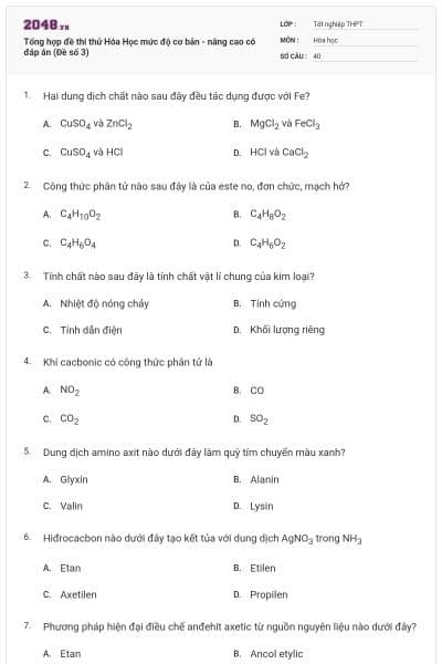Tổng hợp đề thi thử Hóa Học mức độ cơ bản - nâng cao có đáp án (Đề số 3)