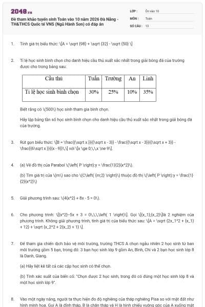 Đề tham khảo tuyển sinh Toán vào 10 năm 2026 Đà Nẵng - TH&THCS Quốc tế VNS (Ngũ Hành Sơn) có đáp án