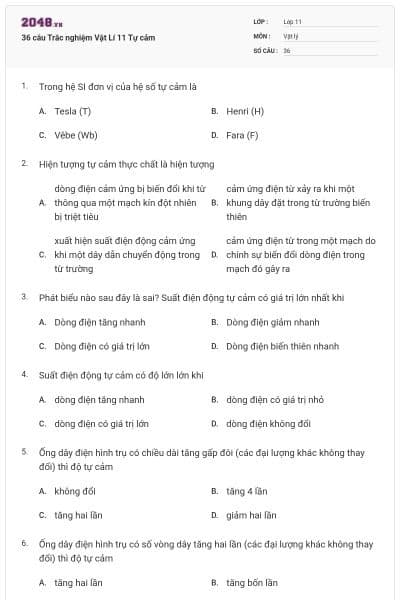 36 câu  Trắc nghiệm Vật Lí 11 Tự cảm